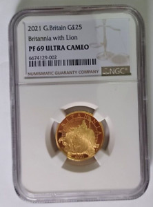 Royal Mint 2021 £25 1/4oz Gold Proof Britannia with Lion NGC PF69 + box
