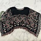 Womens Vintage Woven Tapestry Poncho Shawl Sweater One Size Black Red Fringe