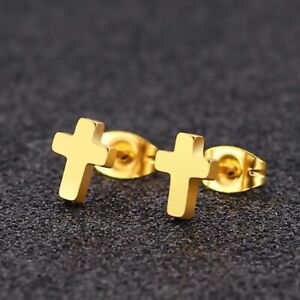 Gold Small Cross Stud Earrings Men Women Surgical Steel Christian Jewelry Gift