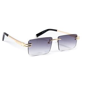 Men's Purple Tint Rimless Vintage Gold Frame Retro Hip Hop Rectangle Sunglasses