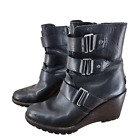 Sorel After Hours Boots Women Size 8.5 Black Leather Wedge Heel Winter Buckles