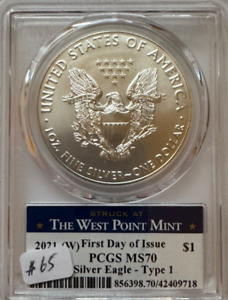 2021 W AMERICAN SILVER EAGLE FIRST DAY OF ISSUE TYPE 1 PCGS MS 70 9718