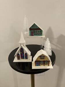 New Listing3 Vintage Alpine Village Plastic Christmas Houses 2 Bottle Brush Trees