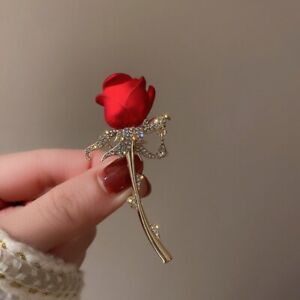 Fashion Red Rose Flower Enamel Crystal Brooch Pin Corsage Bouquet Women Jewelry