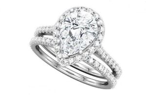 3.60Ct White Pear Lab Created Diamond 14K White Gold Engagement Bridal Ring Set