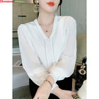 Korean Women Chiffon V-neck Pleated Puff Sleeve Sleeve Spring Tops Blouse Shirts