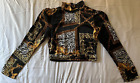 GUESS Black Animal Print Gold Chain Mock Neck Cropped Side Zip Satin Top Size S