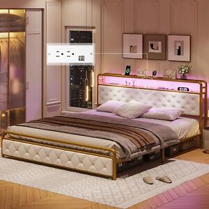 King Size Bed Frame with Storage Headboard &LED Lights, Upholstered Platform Bed