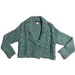 Nanette Lepore Cropped Cardigan Merino Wool, Alpaca Teal Chunky Sweater Large