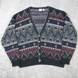 Vintage Piccadilly Sweater Mens XXL Tall Black Geometric Cardigan Grandpa Y2K