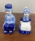 Vintage Sitting Dutch Boy and Girl Salt and Pepper Shakers Blue and White 3.5-4