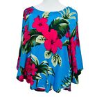 Makai Beach Hawaiian Blouse Floral Hibiscus Womens L/XL Poncho Top Short Sleeve