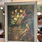 Antique Print or Oil Painting on Canvas Large Foral Filled Urn w Exotic Bird