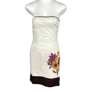 BCBG MaxAzria Ivory Brown Floral Embroidered Short Strapless Dress Women's Sz 2