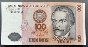 PERU  100 Intis Banknote    Issued 26.6.1987     Pick# 133    Crisp AU/CU