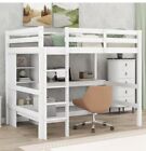 White Wooden Full Sized Loft Bed With Bookshelf And Desk Original Price $834