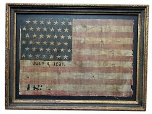 RARE DATED 1891 ANTIQUE 42 Star American Parade Flag Folk Art Primitive