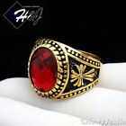 MEN's Stainless Steel Gold/Black Plated Simulated Oval Ruby Vintage Ring*R88