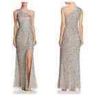 NEW Adrianna Papell One Shoulder Crunchy Bead Gown 6 Silver Sequined Slit Formal