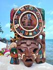 Mayan Calendar Carved Wood Mask Artistic Piece for Authentic Mexican Decor 16-in