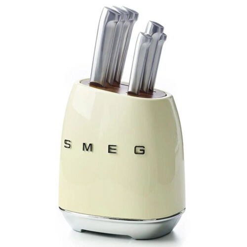 smeg knife block set of 7 pieces in beige colour,modern and comfortable knife