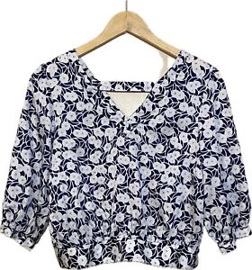 Anthropologie Postmark Cotton Cropped Top Womens 00/XS White Blue Floral Vneck