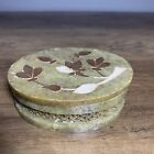 Vintage oval Hand Carved Soap Stone Trinket Box Flower Inlay