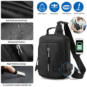 Men's Sling Backpack Waterproof Shoulder Cross Body Chest Bag USB Port Portable