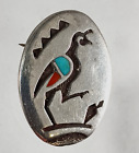 VTG Hopi Native American Sterling Silver Turquoise Coral Quail Bird Pin Brooch