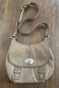 Fossil Maddox Cowhide Leather Turn Lock Crossbody Bag Purse Pockets Brown Taupe