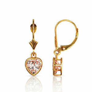14K Solid Yellow Gold 6MM Bezel Set Sapphire  Heart Leverback Dangle Earrings