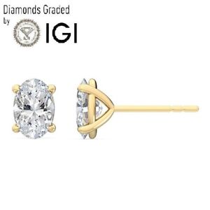 IGI,D/VS1, 2CT ,Solitaire Lab-Grown Oval Diamond Studs Earring, 18K Yellow Gold