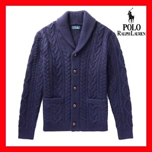 $298 Polo Ralph Lauren Men’s Aran-Knit Wool-Cashmere Shawl Cardigan Navy Mens XL