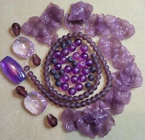 Large Beading Lot For Jewelry Making Purple Glass Beads Acrylic Leaves Drops