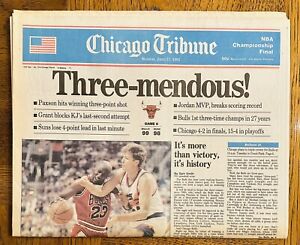 Bulls Chicago Tribune Full Newspaper June 21, 1993 Three-Mendous! Michael Jordan