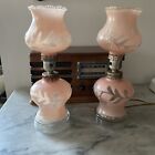 VTG PAIR FROSTED PINK ART DECO GLASS SMALL HURRICANE BOUDOIR BEDSIDE TABLE LAMPS