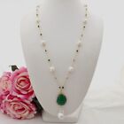 GE090606 26'' White Rice Pearl Green Crystal Chain Necklace Keshi Pearl Pendant