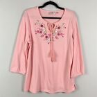 Quacker Factory Embroidered Wildflower Peasant Top with Tassels Size Large Pink
