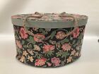Vintage Pink Green Floral Oval Sewing Notions Box Keepsake Basket Rope Handles