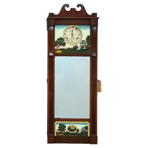 New ListingOversized Antique American Empire Hand Painted Eglomise Panel Wall Clock C1840