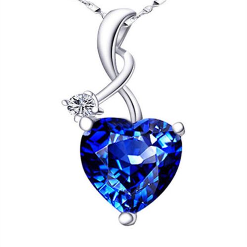 925 Sterling Silver Blue Sapphire Simulated Pendant Necklace Gift For Girl Her