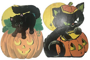 Vintage Halloween Diecut Black Cat in Pumpkin Scary Moon Cardboard Lot Of 2 Vtg