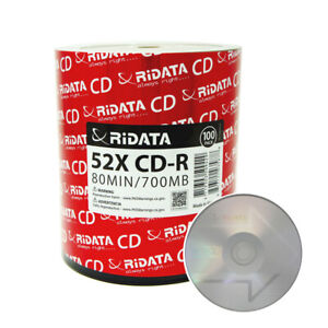 100 Ridata CD-R 52X 700MB/80Min Branded Silver Logo Blank Media Recordable Disc