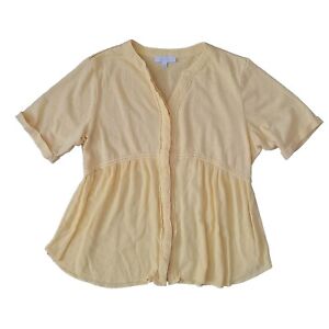 New Directions Womens Top Size L Babydoll Style Yellow Button Up Short Sleeve