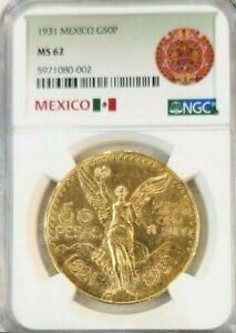 1931 MEXICO GOLD 50 PESOS WINGED LIBERTY NGC MS 62 RARE LOW MINTAGE KEY DATE