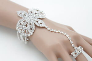 Women Fashion Jewelry Bracelet Silver Metal Hand Chain Bling Flower Slave Ring