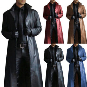 Men's Long Leather Trench Coat Genuine Lambskin Leather Outerwear Jacket Coat