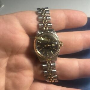 Ladies Rolex Oyster Perpetual Datejust Watch 6917 26mm Black Dial 6.5in 2 Toned