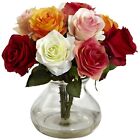 Nearly Natural Artificial Roses Bouquet Flowers Floral With Glass Vase 11