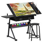 Adjustable Drafting Table Tilting Tabletop Art Craft Desk with 2 Drawers, Stool